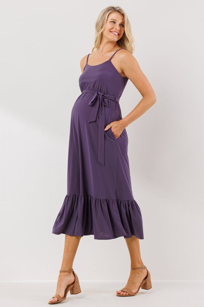 Berry Waist Tie Camisole Ruffle Finish Maternity Dress