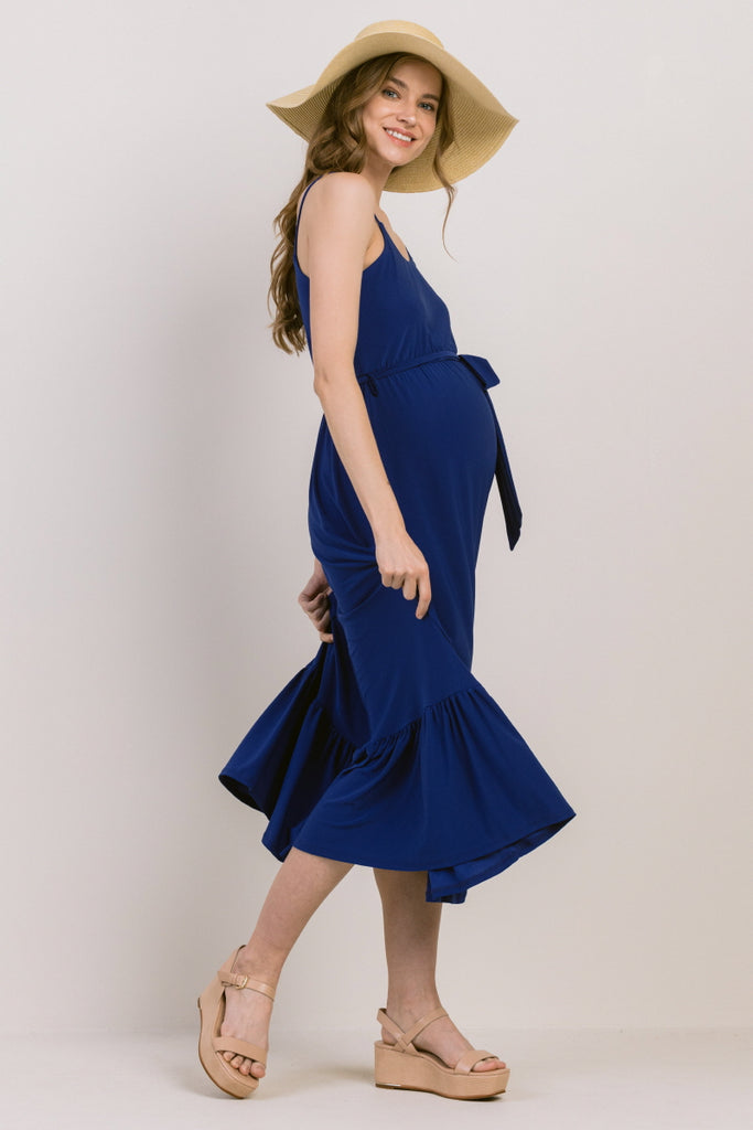 Royal Blue Waist Tie Camisole Ruffle Finish Maternity Dress