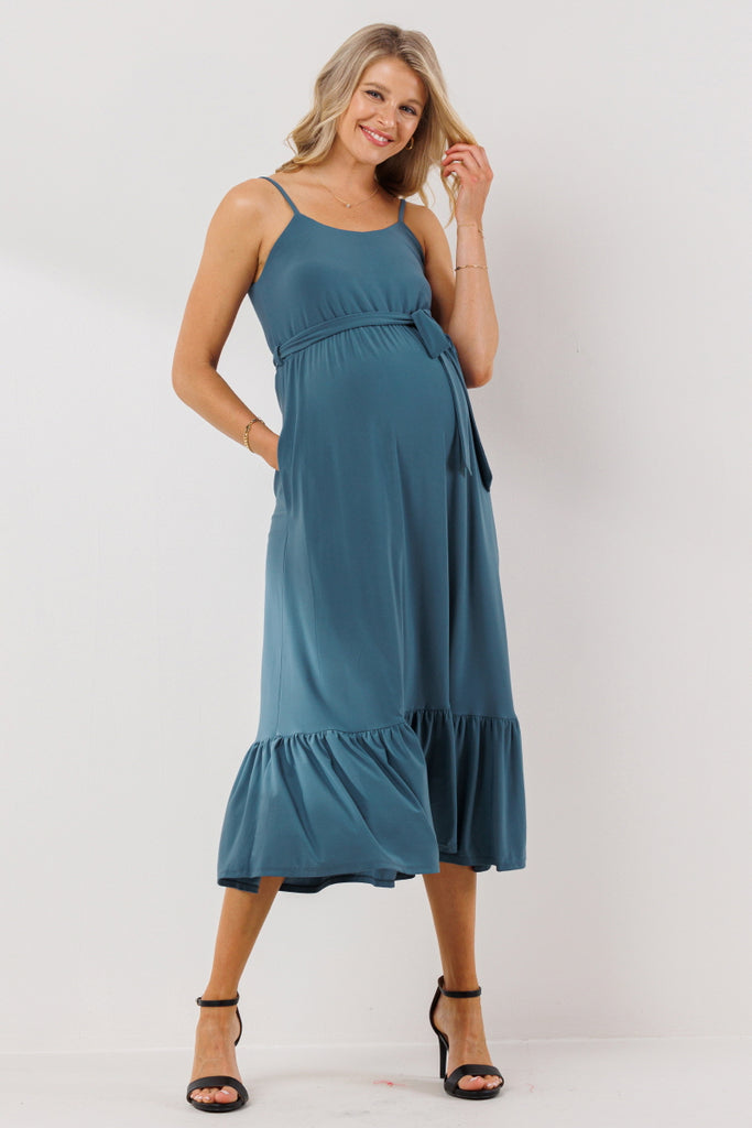 Denim Waist Tie Camisole Ruffle Finish Maternity Dress