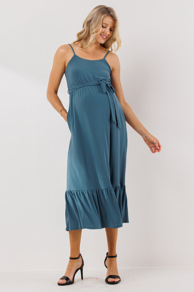 Denim Waist Tie Camisole Ruffle Finish Maternity Dress