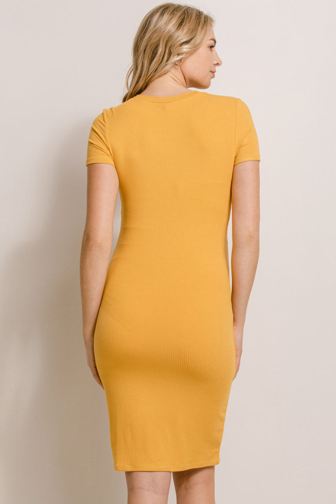 Mustard Round Neck Rib Maternity Dress