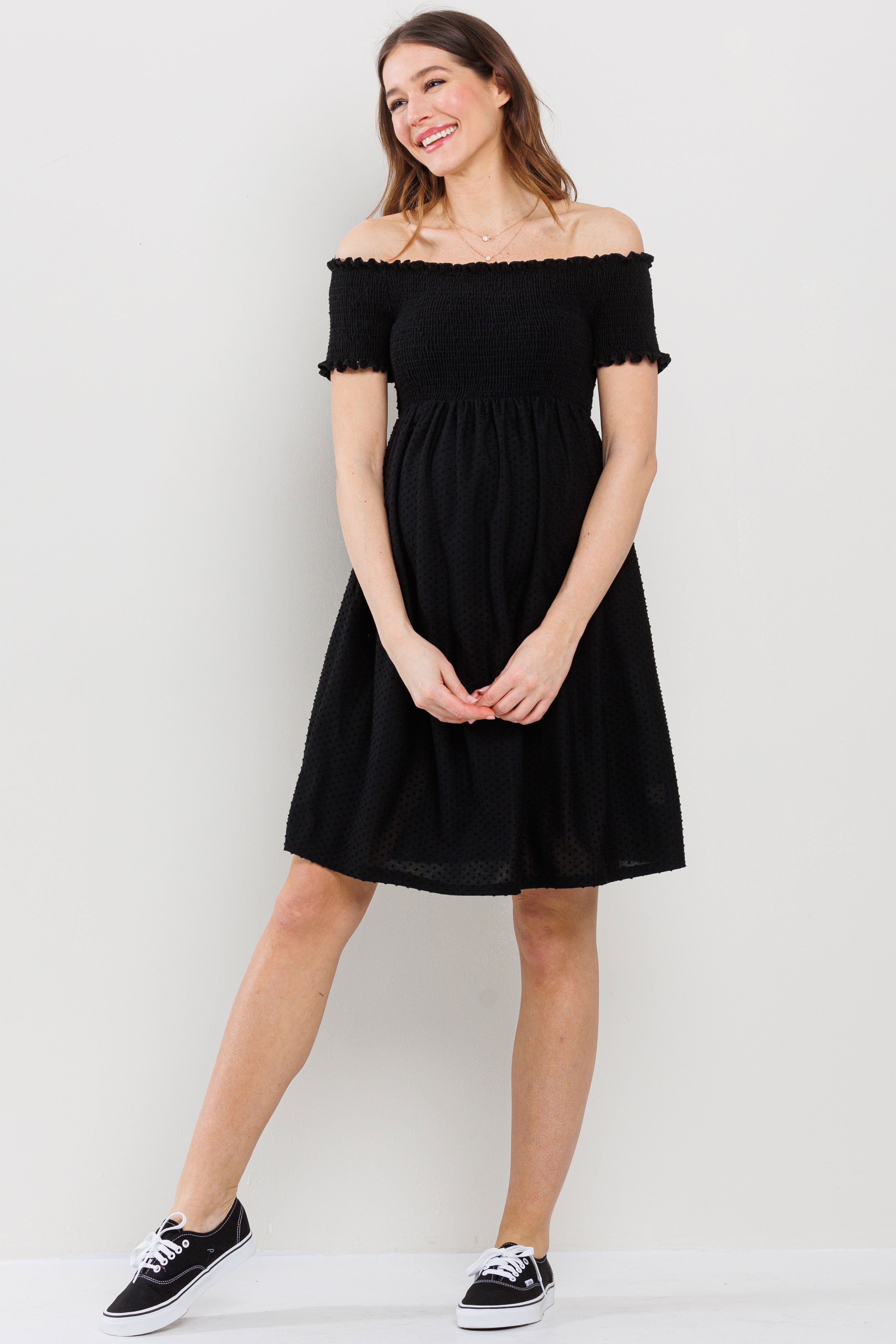 Off Shoulder Smocked Top Maternity Dress PEACH / X-LARGE Off Shoulder Smocked Top Maternity Dress PEACH / X-LARGE