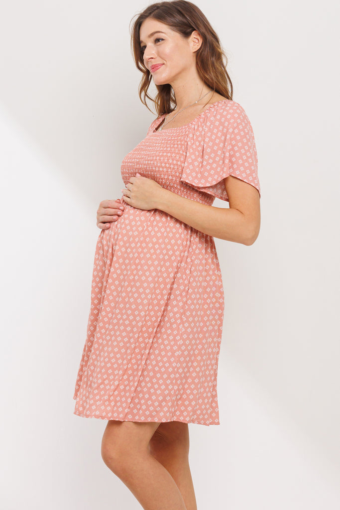 Dusty Rose Square Neck Smocked Short Sleeve Maternity Dress