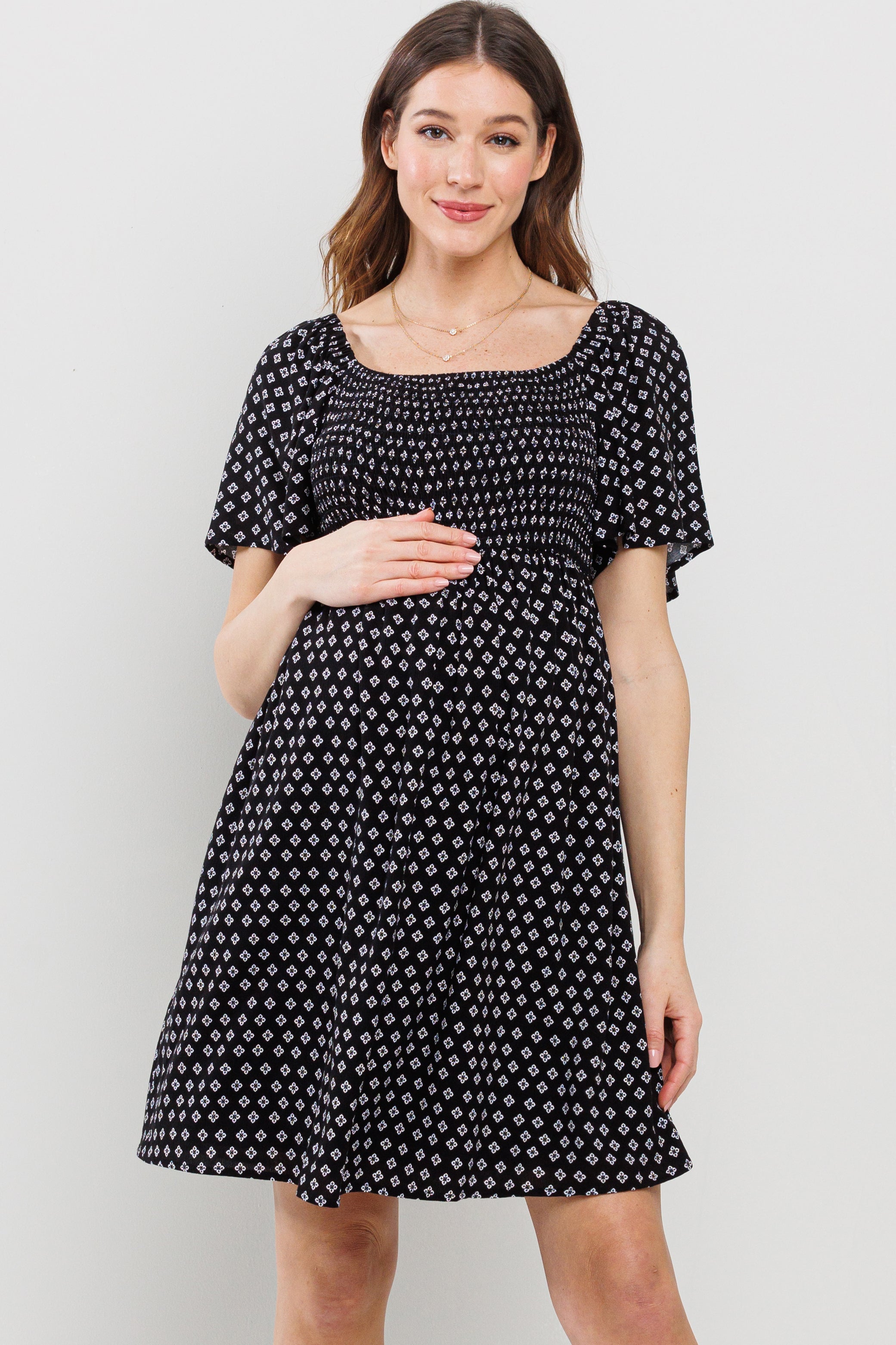 Square Neck Smocked Short Sleeve Maternity Dress Black / SMALL Square Neck Smocked Short Sleeve Maternity Dress Black / SMALL