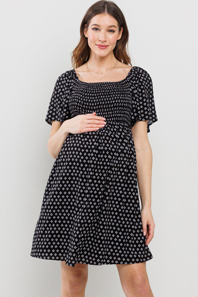 Black Square Neck Smocked Short Sleeve Maternity Dress