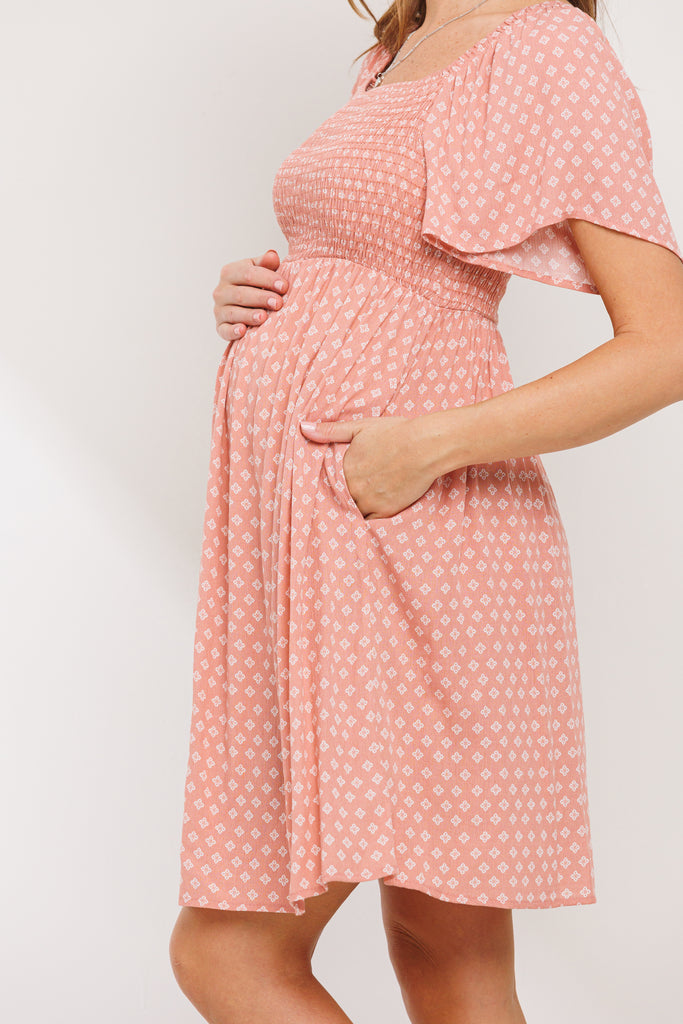 Dusty Rose Square Neck Smocked Short Sleeve Maternity Dress