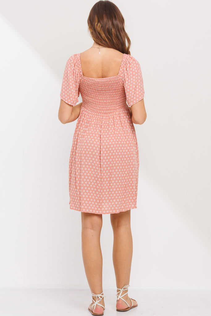 Dusty Rose Square Neck Smocked Short Sleeve Maternity Dress