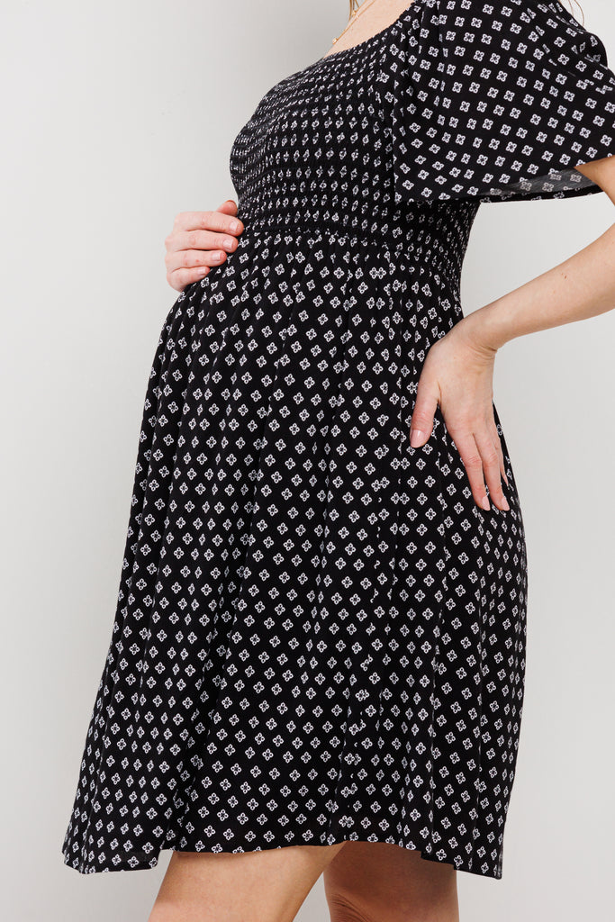 Black Square Neck Smocked Short Sleeve Maternity Dress