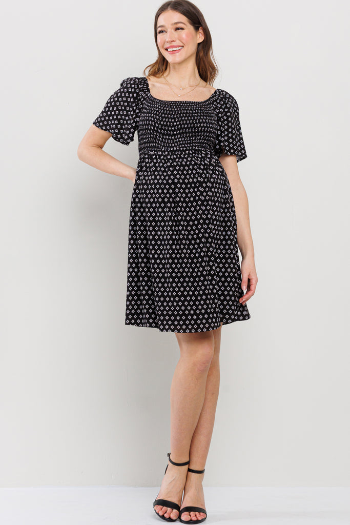 Black Square Neck Smocked Short Sleeve Maternity Dress