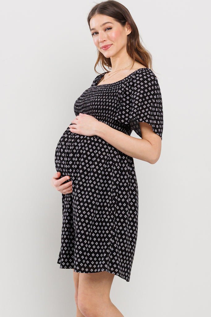 Black Square Neck Smocked Short Sleeve Maternity Dress