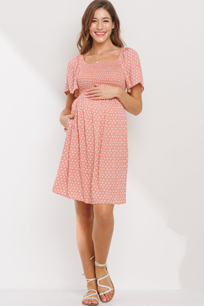 Dusty Rose Square Neck Smocked Short Sleeve Maternity Dress