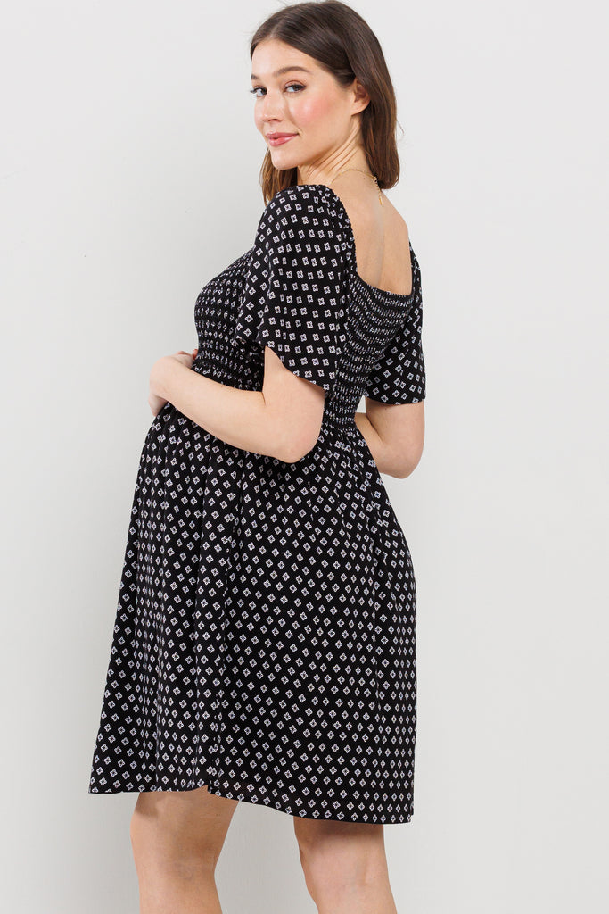 Black Square Neck Smocked Short Sleeve Maternity Dress