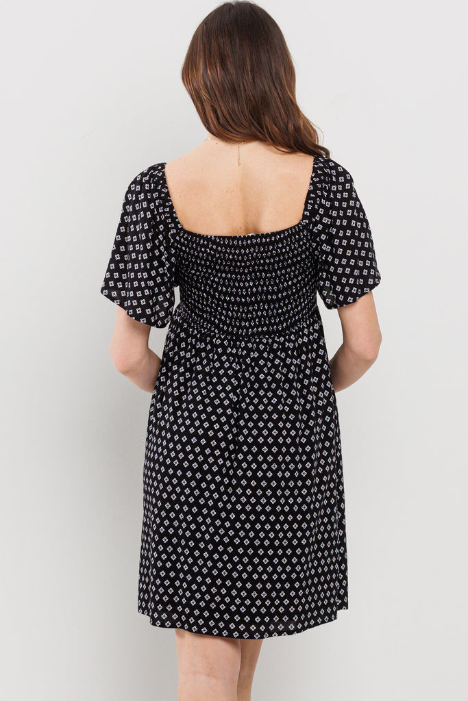 Black Square Neck Smocked Short Sleeve Maternity Dress