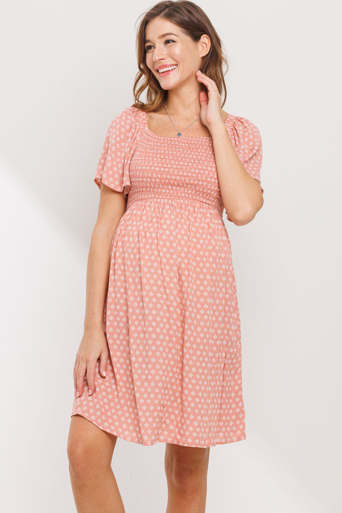 Dusty Rose Square Neck Smocked Short Sleeve Maternity Dress