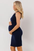 Navy Ribbed V Neck Sleeveless Maternity Dress