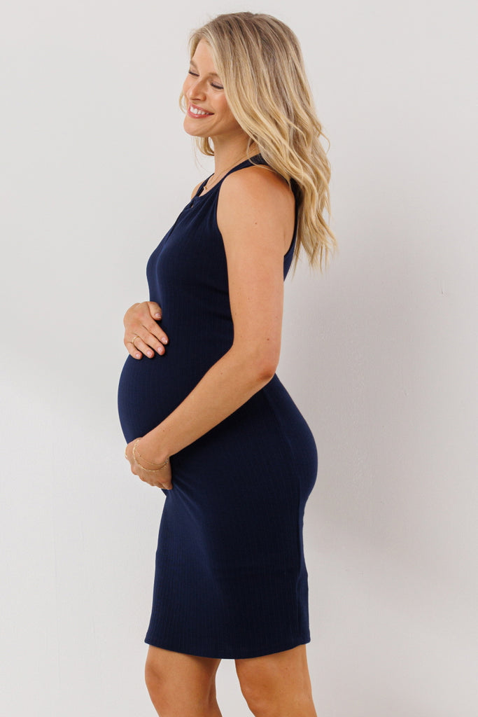 Navy Ribbed V Neck Sleeveless Maternity Dress