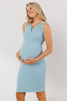 Chambray Ribbed V Neck Sleeveless Maternity Dress