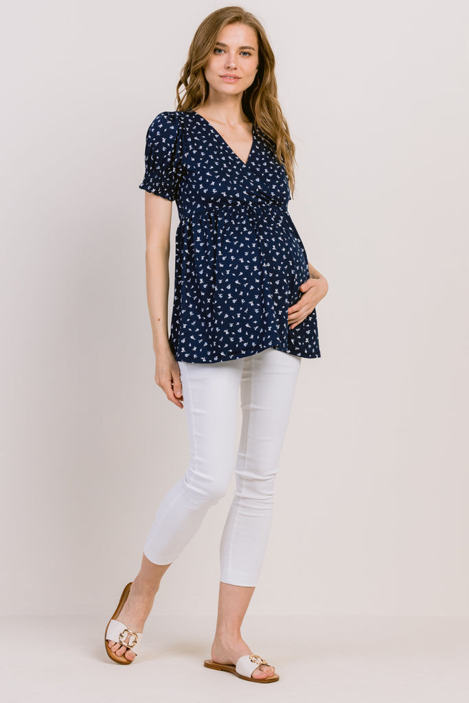 Navy Ditsy Floral V-Neck Wrapped Maternity/Nursing Top