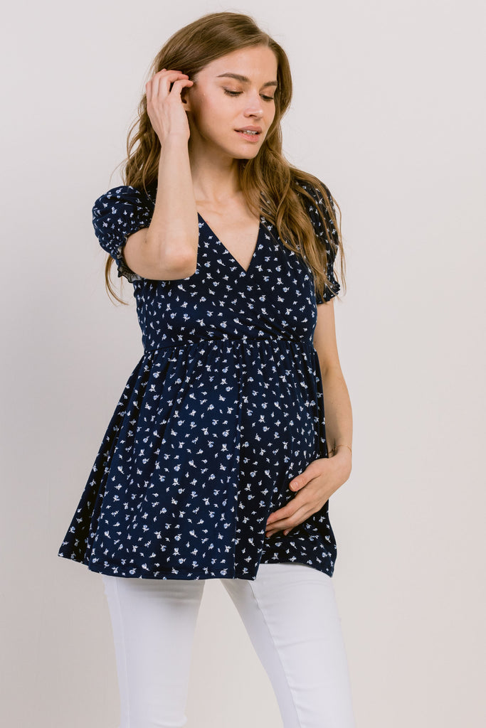 Navy Ditsy Floral V-Neck Wrapped Maternity/Nursing Top
