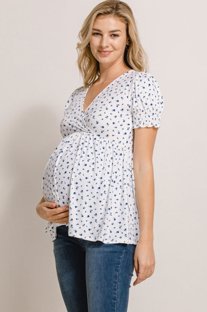 White Ditsy Floral V-Neck Wrapped Maternity/Nursing Top