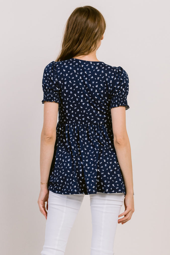 Navy Ditsy Floral V-Neck Wrapped Maternity/Nursing Top