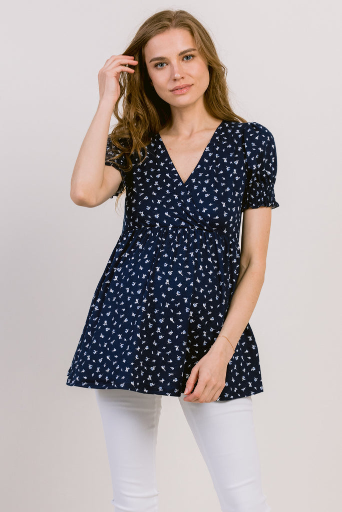 Navy Ditsy Floral V-Neck Wrapped Maternity/Nursing Top