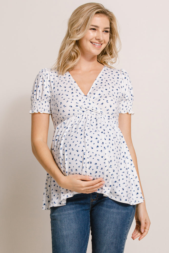 White Ditsy Floral V-Neck Wrapped Maternity/Nursing Top