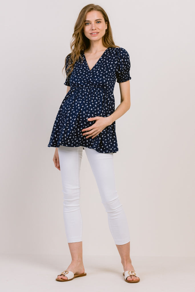Navy Ditsy Floral V-Neck Wrapped Maternity/Nursing Top