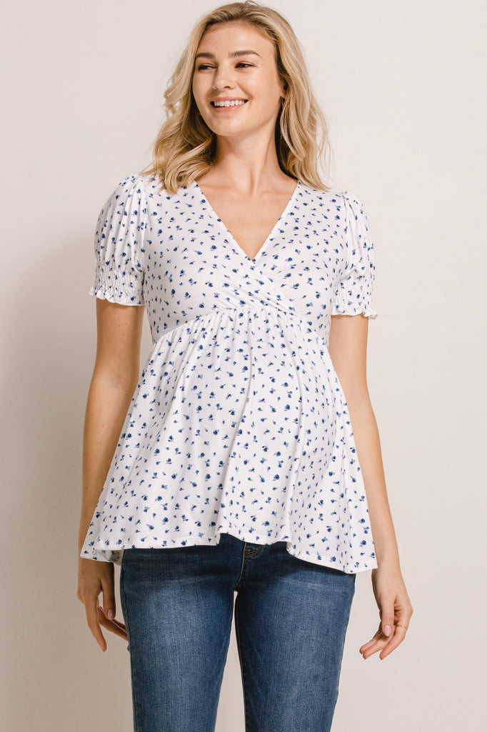 White Ditsy Floral V-Neck Wrapped Maternity/Nursing Top