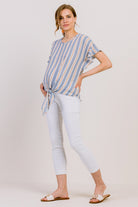 Blue Striped Ruffle Sleeve Keyhole Back Maternity Blouse