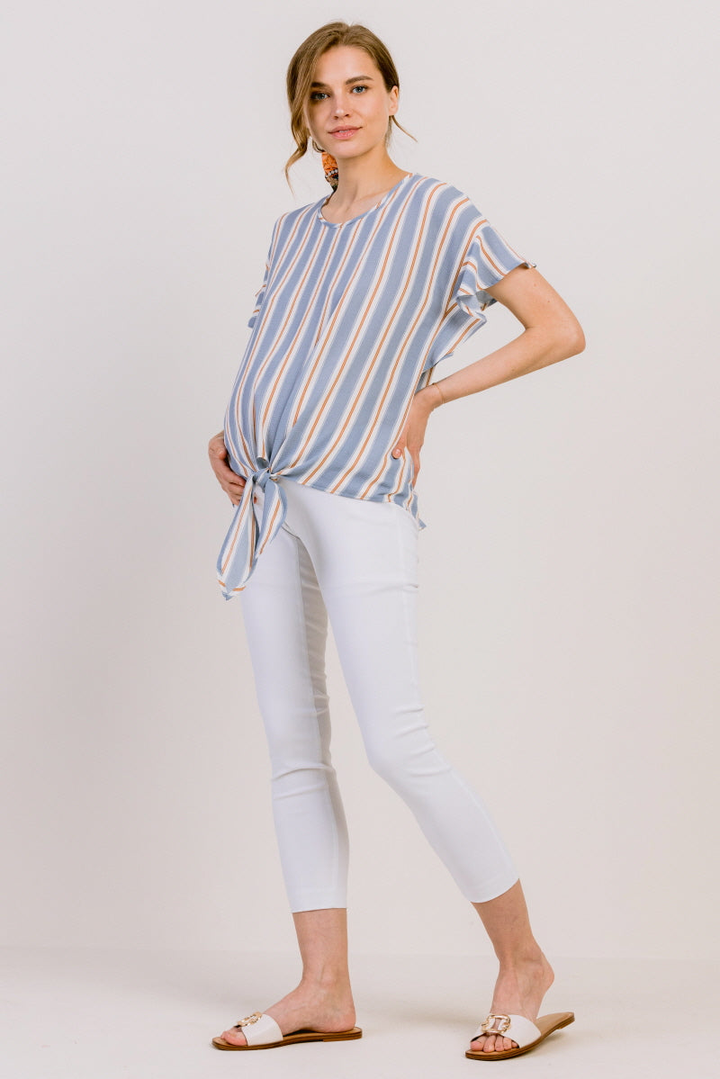 Blue Striped Ruffle Sleeve Keyhole Back Maternity Blouse