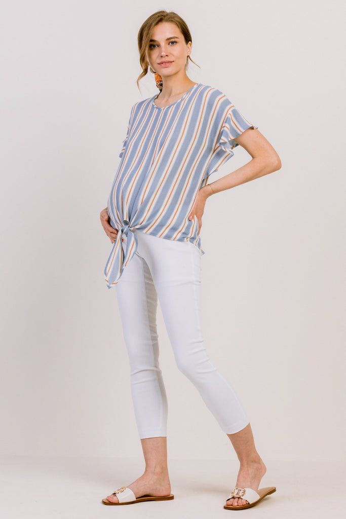 Blue Striped Ruffle Sleeve Keyhole Back Maternity Blouse