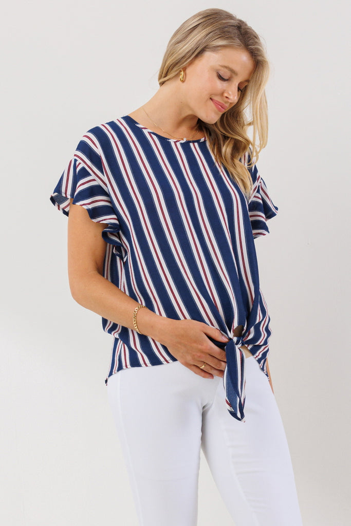 Navy Striped Ruffle Sleeve Keyhole Back Maternity Blouse