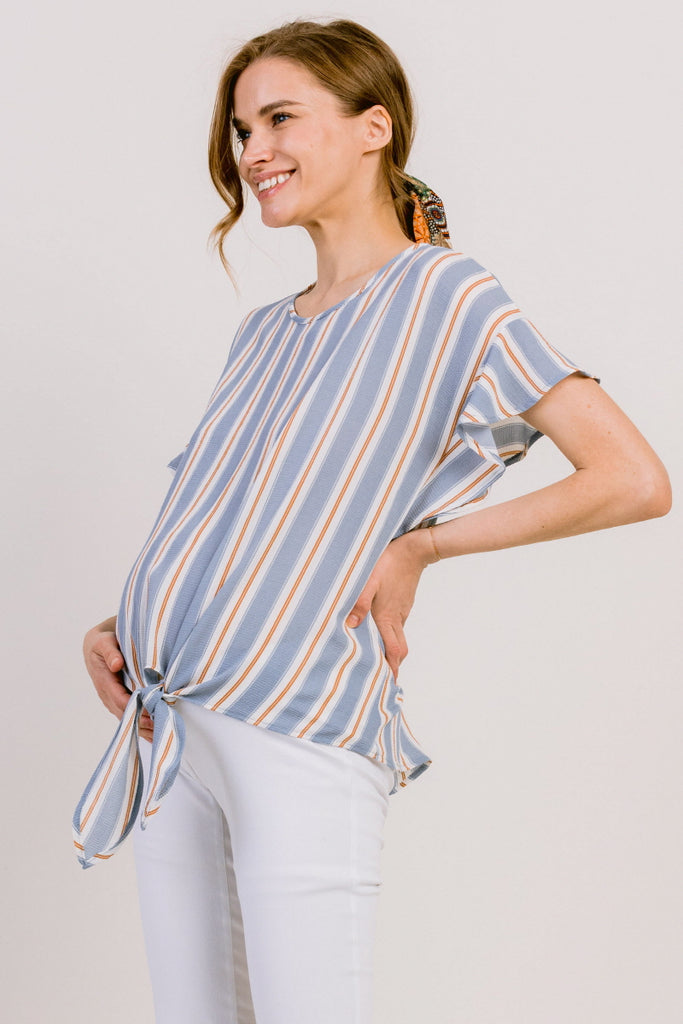 Blue Striped Ruffle Sleeve Keyhole Back Maternity Blouse