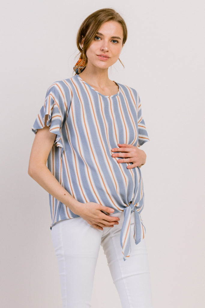 Blue Striped Ruffle Sleeve Keyhole Back Maternity Blouse