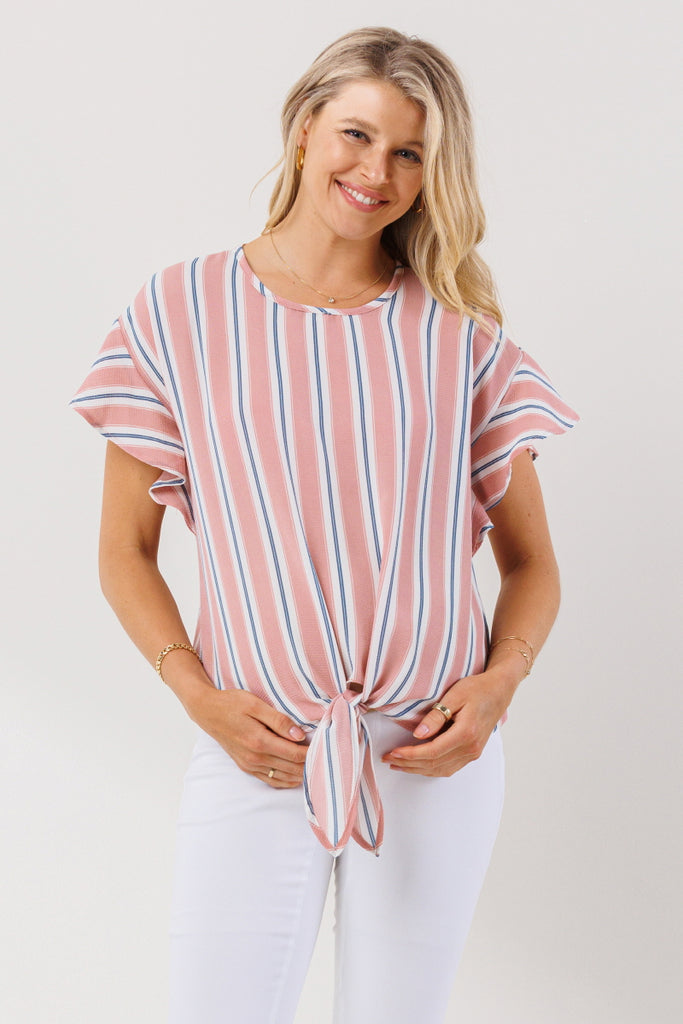 Pink Striped Ruffle Sleeve Keyhole Back Maternity Blouse