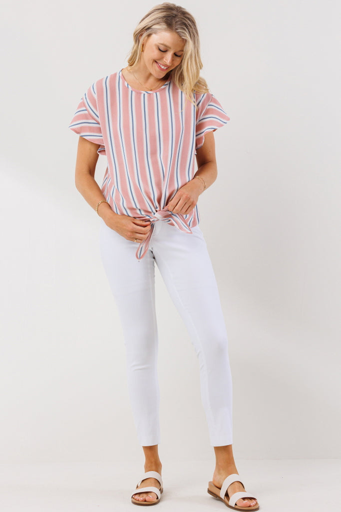 Pink Striped Ruffle Sleeve Keyhole Back Maternity Blouse