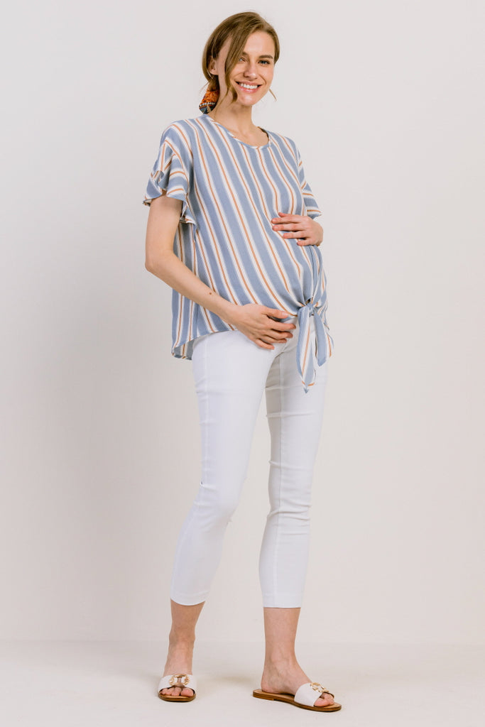 Blue Striped Ruffle Sleeve Keyhole Back Maternity Blouse