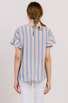Blue Striped Ruffle Sleeve Keyhole Back Maternity Blouse