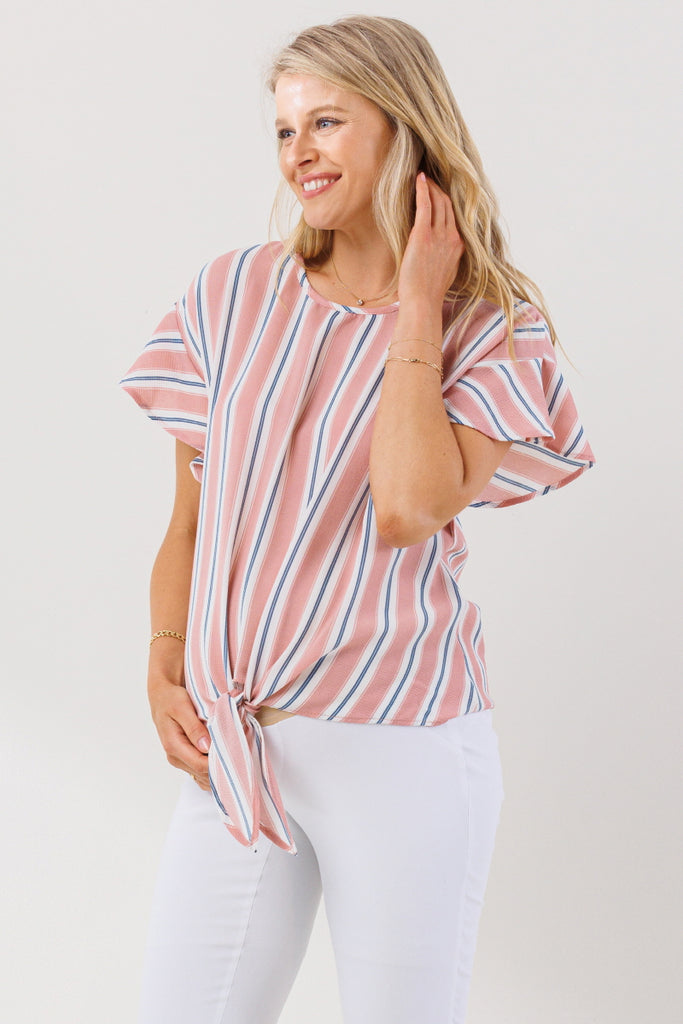 Pink Striped Ruffle Sleeve Keyhole Back Maternity Blouse