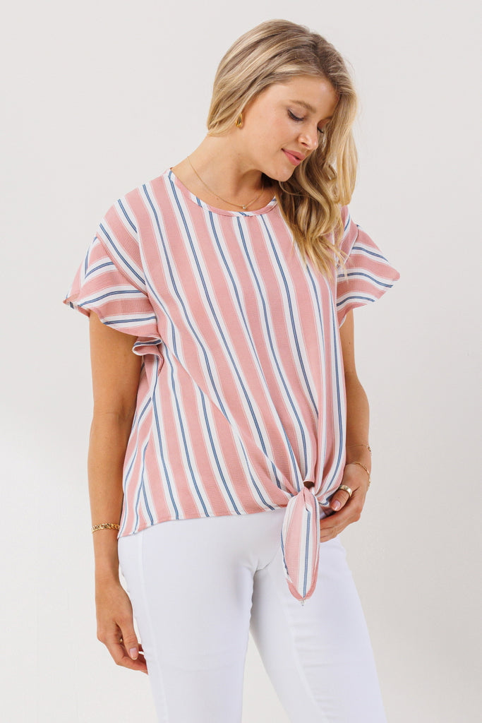 Pink Striped Ruffle Sleeve Keyhole Back Maternity Blouse