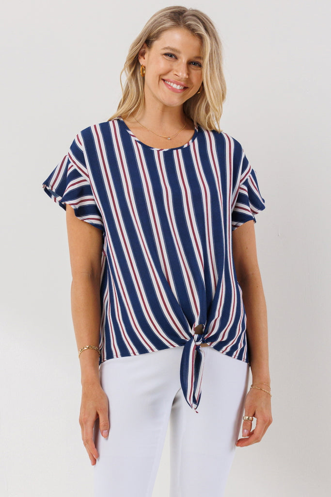 Navy Striped Ruffle Sleeve Keyhole Back Maternity Blouse