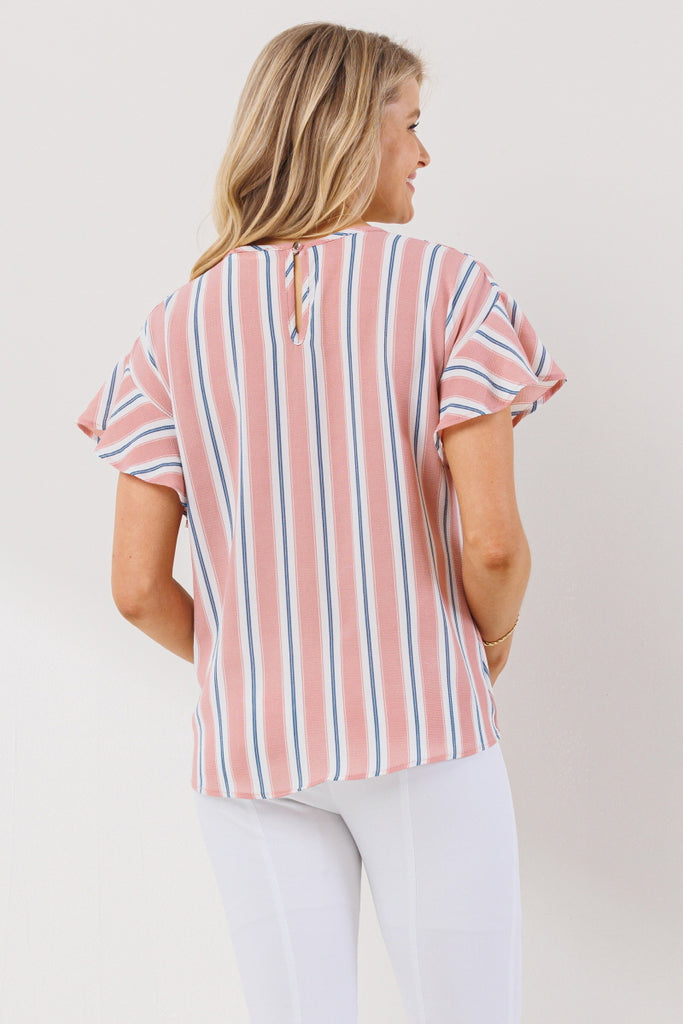 Pink Striped Ruffle Sleeve Keyhole Back Maternity Blouse