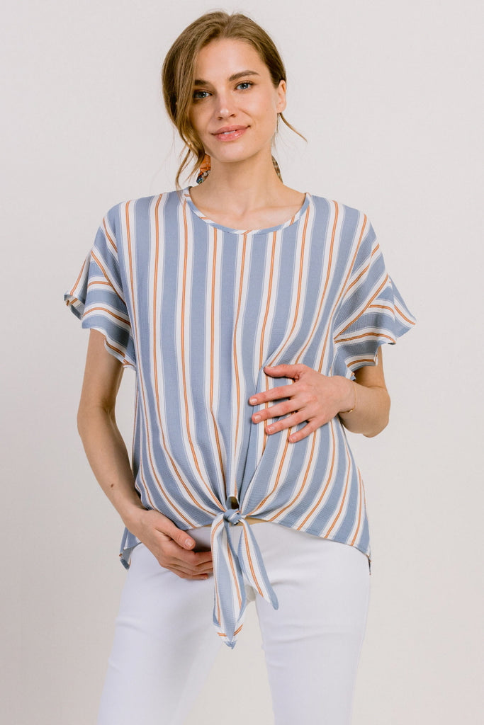 Blue Striped Ruffle Sleeve Keyhole Back Maternity Blouse