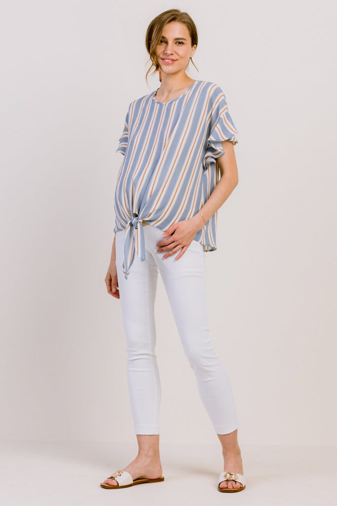 Blue Striped Ruffle Sleeve Keyhole Back Maternity Blouse