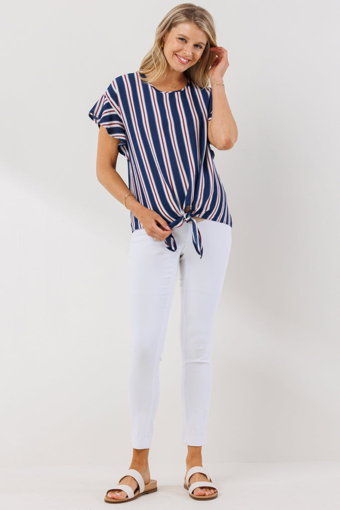 Navy Striped Ruffle Sleeve Keyhole Back Maternity Blouse