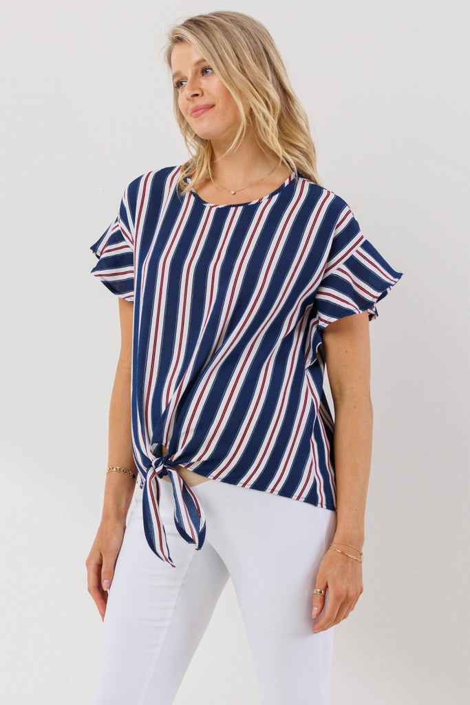 Navy Striped Ruffle Sleeve Keyhole Back Maternity Blouse