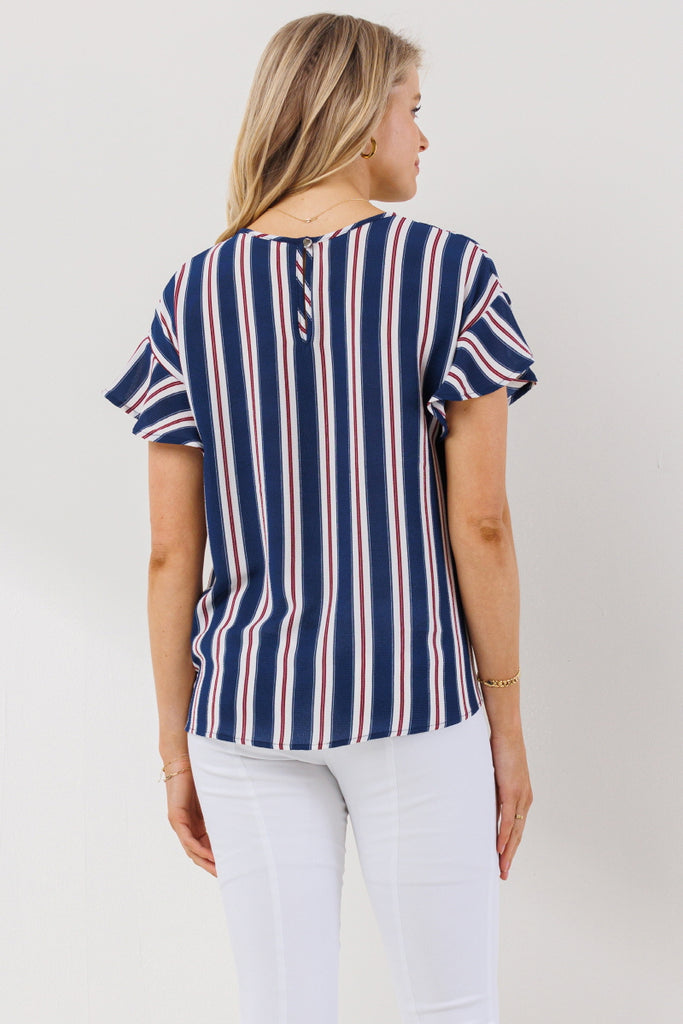 Navy Striped Ruffle Sleeve Keyhole Back Maternity Blouse