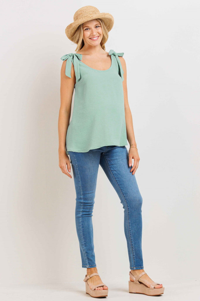 Sage Sleeveless Faux-Tie Scoop Neck Maternity Blouse