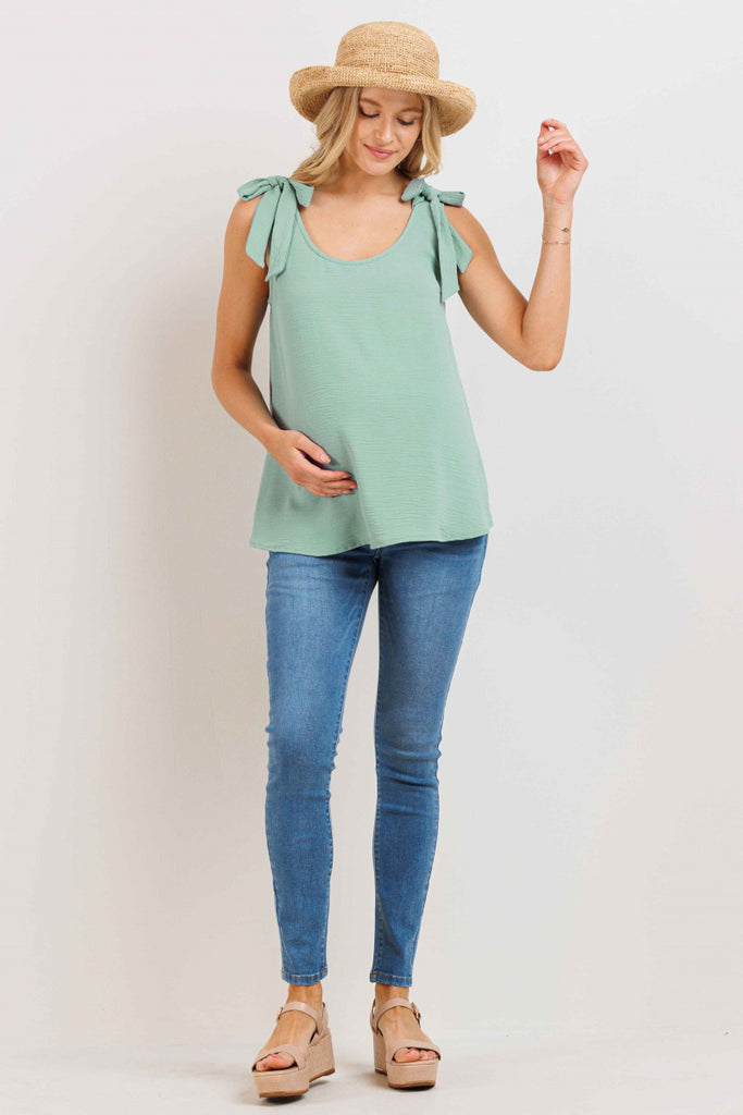 Sage Sleeveless Faux-Tie Scoop Neck Maternity Blouse